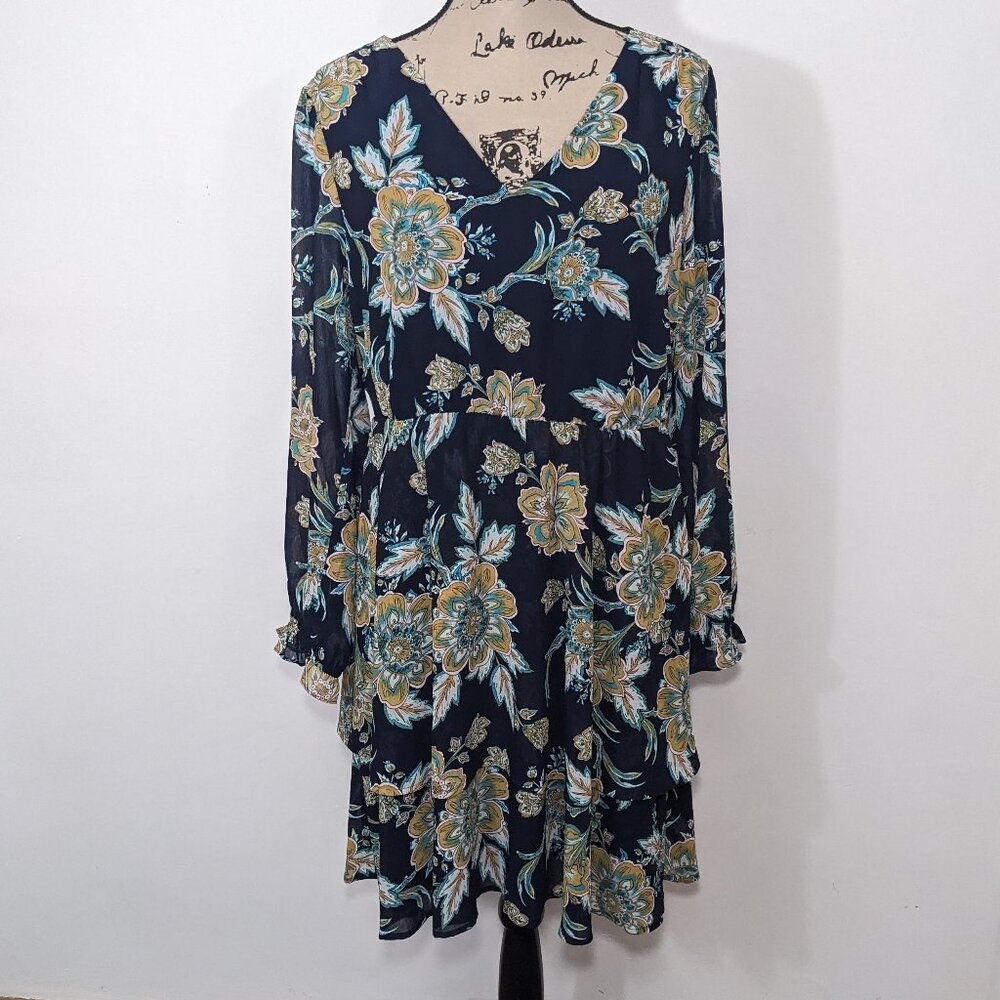 NWT J. Crew Womens Navy Blue Long Sleeve Tiered Hem Floral Dress Size 14 - Picture 2 of 15